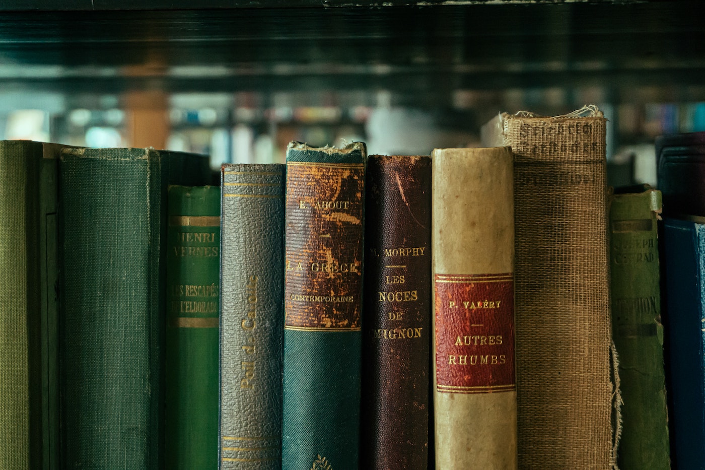 a library shelf with multiple books in muted greens and browns. The book names and authors are in French.